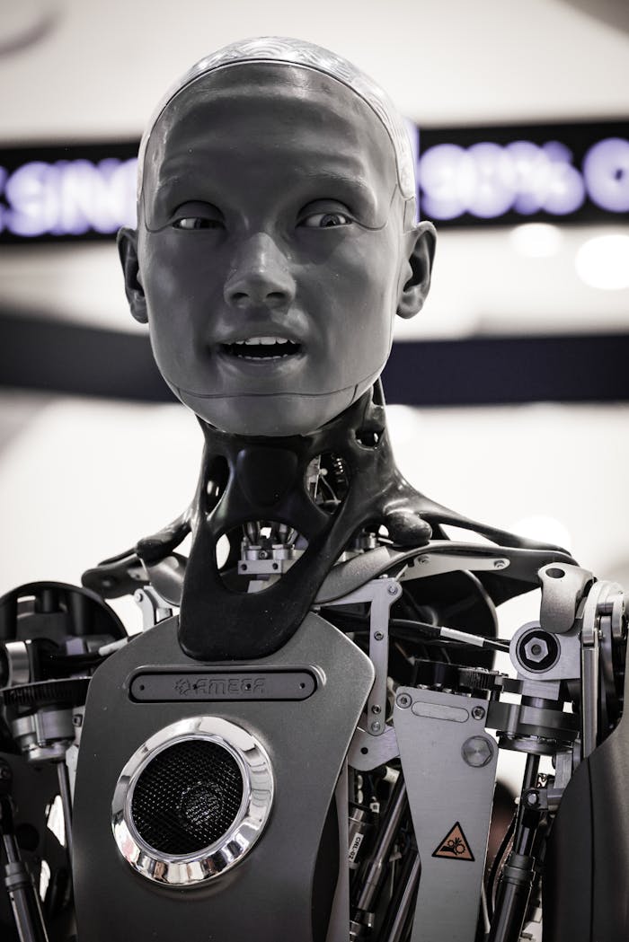 A detailed image of a humanoid robot showcasing advanced robotics technology at an exhibition.